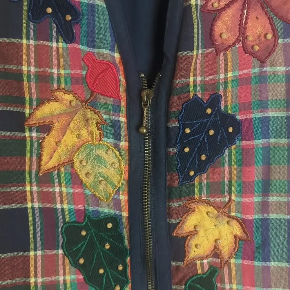 Vintage Plaid Fall Zip Up Front Vest Patchwork Art To Wear Women's Size Large